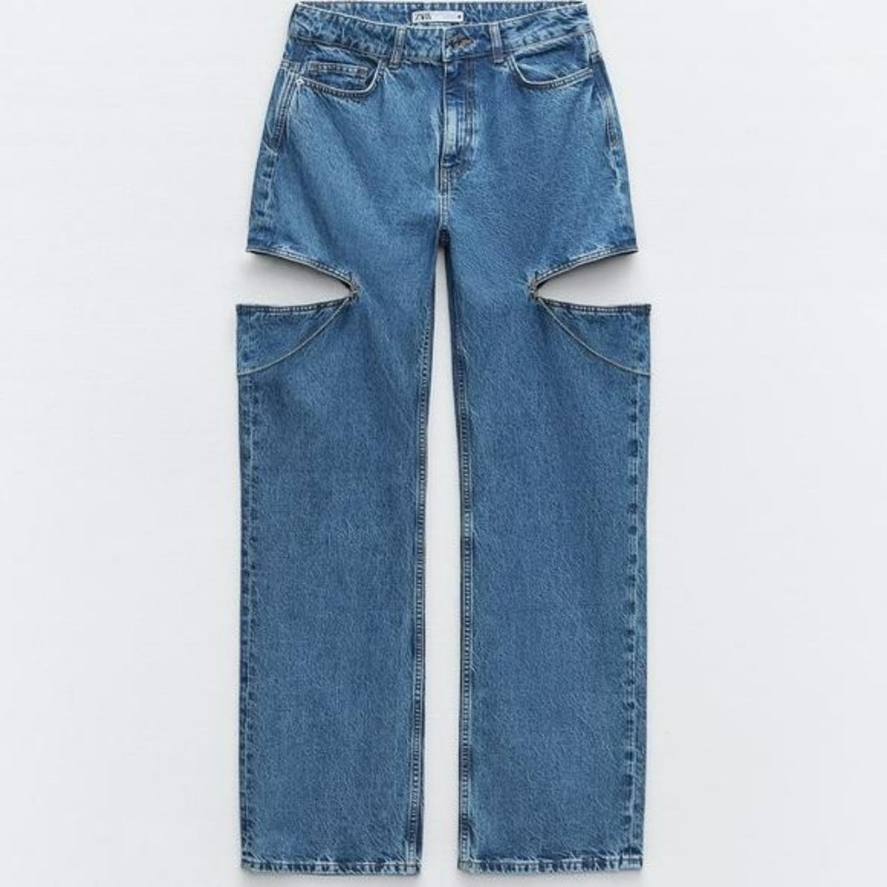 ZARA Z1975 MID WAIST STRAIGHT LEG CUT OUT JEWEL JEANS